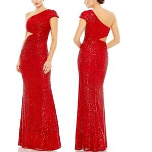 Mac Duggal Red Sequined One Shoulder Cap Sleeve Cut Out Gown Women's Size 2 New